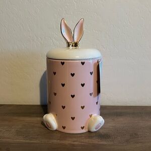 Pink Heart Print Easter Cookie Jar with Bunny Ears & Feet with Gold Accents
